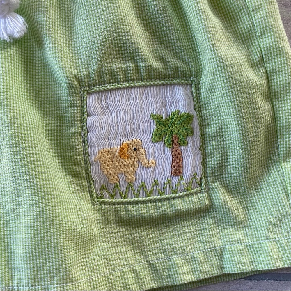 Silly Goose Green Gingham Drawstring Waist Elephant Embroidered Swim Trunks - Picture 2 of 3